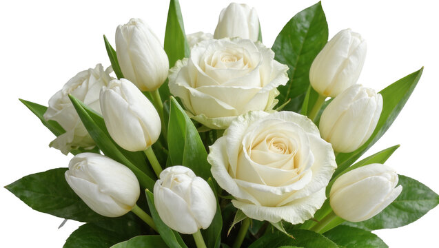 Isolated bouquet with elegant white tulips and beautiful white roses, lush green leaves