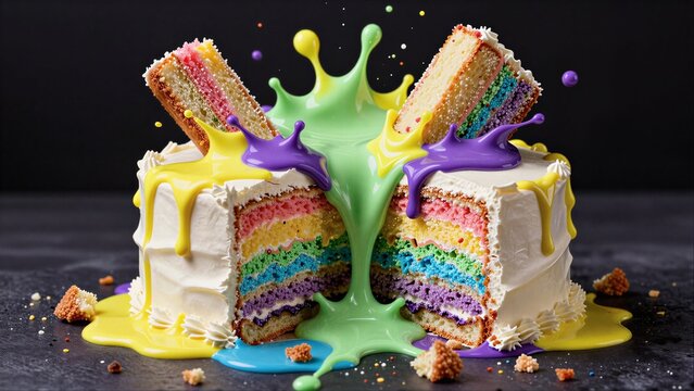Rainbow cake explodes with colorful icing splashes against dark background.