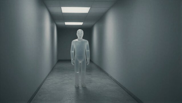 A translucent figure stands alone in a dim, eerie hallway with cold concrete walls.