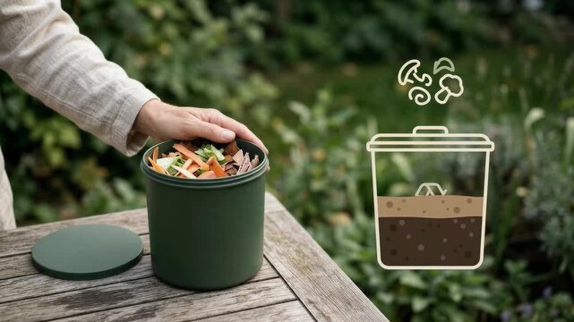 Person with a container full of food scraps next to composting animation on a wooden table outdoors