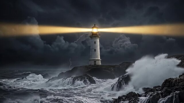Lighthouse beam sweeping across a dark stormy sky with lightning while waves crash on rocky coast, dramatic seascape weather scene