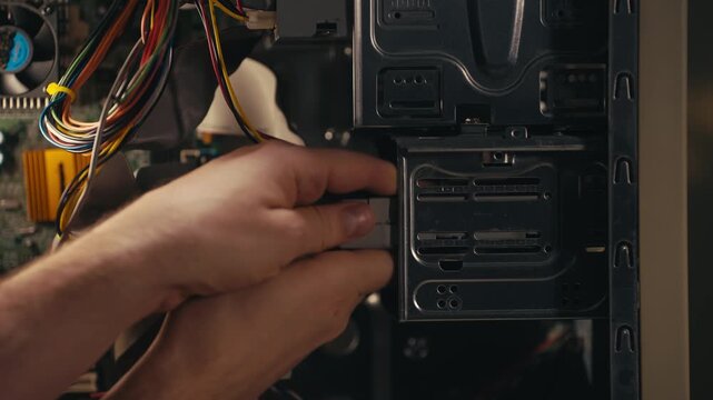 Computer repair close up, technician hands connecting power cable to hard drive inside PC case, assembling and upgrading desktop computer hardware components