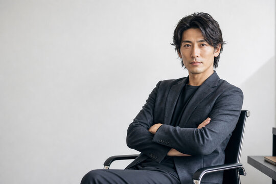 椅子に座り腕を組む日本人男性のポートレート