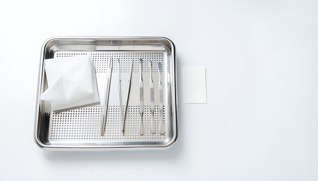 Surgical Instruments on Stainless Steel Tray in Medical Clinic