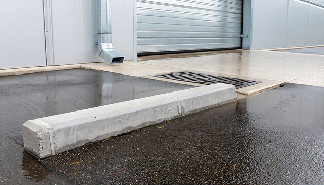 Wet Concrete Parking Lot Pavement with Curb Drain and Rainwater Puddles