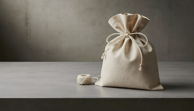 Canvas Drawstring Bag and Twine Ball on Gray Concrete Surface