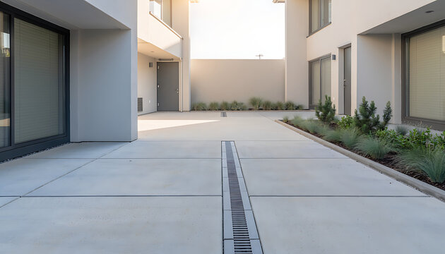 Modern Apartment Courtyard with Concrete Pavement and Landscaping