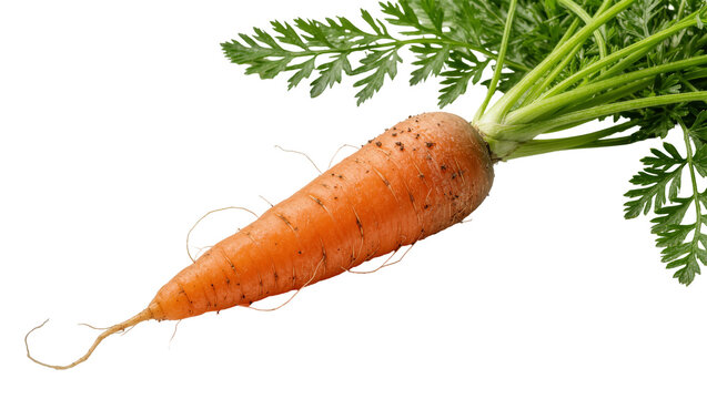Isolated fresh organic raw carrot with green leaves and rootlets lying horizontally
