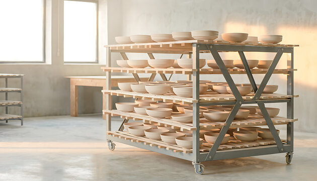 Unfinished Ceramic Bowls Organized on Wooden Shelving Racks in Pottery Studio
