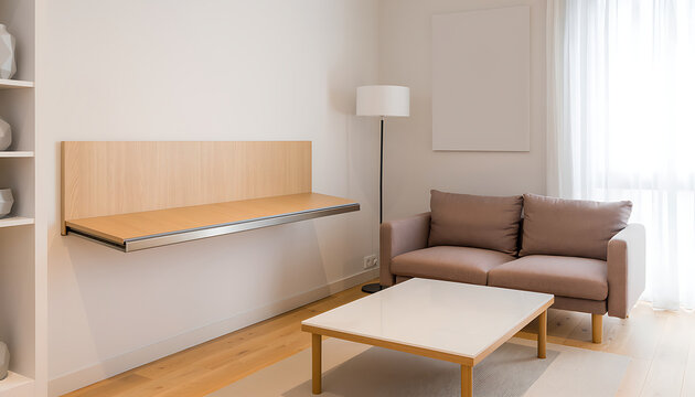 Modern Living Room Interior with Folding Wall Table and Sofa in Bright Apartment