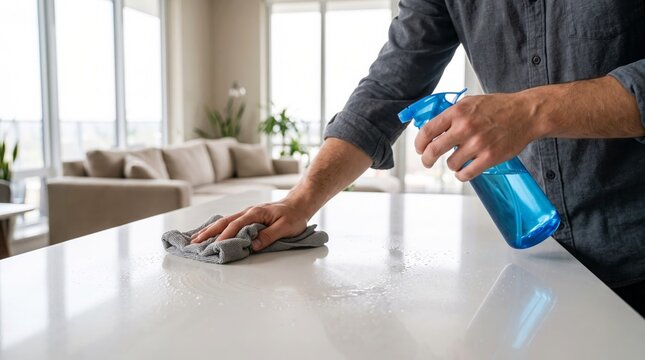 Diligent man wiping clean white kitchen countertop with gray microfiber cloth holding blue spray bottle during chores
