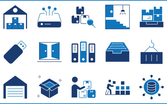 A set of icons related to Storage. Store, warehouse, container, documents, stack, and so on.