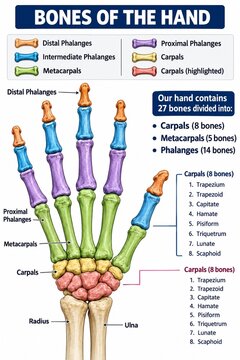 Human Hand Bones Anatomy Diagram Showing Carpals Metacarpals and Phalanges
