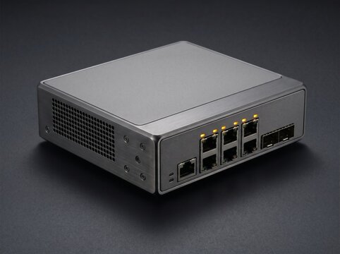 Modern metallic network switch router with glowing status lights sitting on dark reflective surface