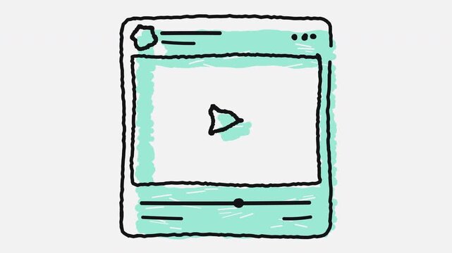 Hand Drawn Turquoise Video Player Interface Doodle Animation with Play Button, Playback Timeline and Progress Bar, Transparent Alpha Channel Motion Graphic Overlay