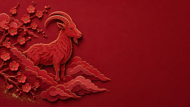 layered red paper cut art of a stylized goat with curved horns among soft clouds and plum blossoms, subtle gold foil edges, solid deep red background with large empty copy space