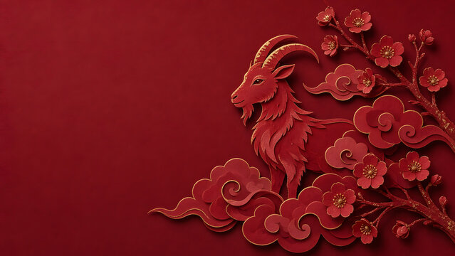 layered red paper cut art of a stylized goat with curved horns among soft clouds and plum blossoms, subtle gold foil edges, solid deep red background with large empty copy space