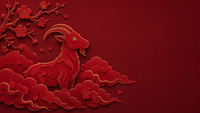 layered red paper cut art of a stylized goat with curved horns among soft clouds and plum blossoms, subtle gold foil edges, solid deep red background with large empty copy space