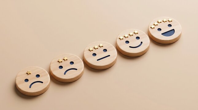 Wooden feedback emotion rating scale icons arranged diagonally on a warm beige background with golden stars