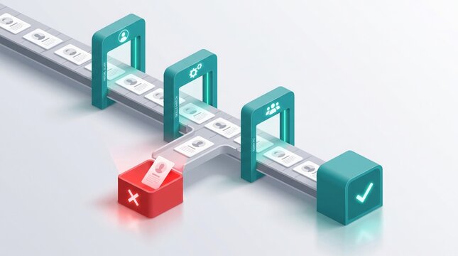 Isometric recruitment funnel visualization showing candidate screening and automated resume filtering processes with turquoise and red checkpoints