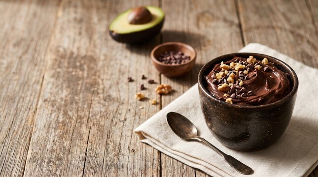 Chocolate avocado mousse in a ceramic bowl offers a healthy vegan dessert with creamy texture, cacao nibs, avocado and walnuts on a linen napkin over a rustic wooden table