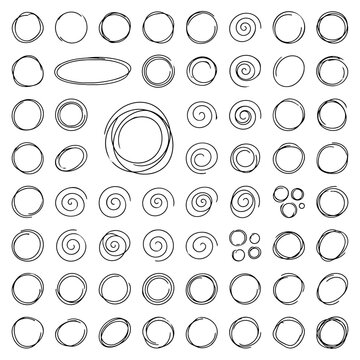 Collection of hand drawn doodle circles and spiral shapes