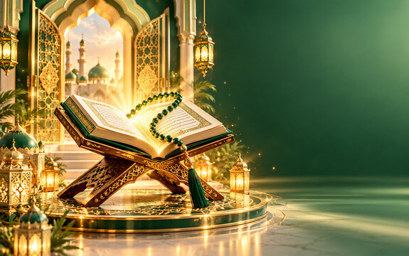 Open holy Quran on rehal stand with prayer beads in green mosque