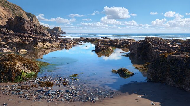 Rocky coastal tide pool with seaweed and calm blue water under a sunny sky