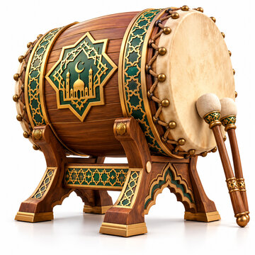 Traditional wooden beduk drum with islamic star pattern and sticks