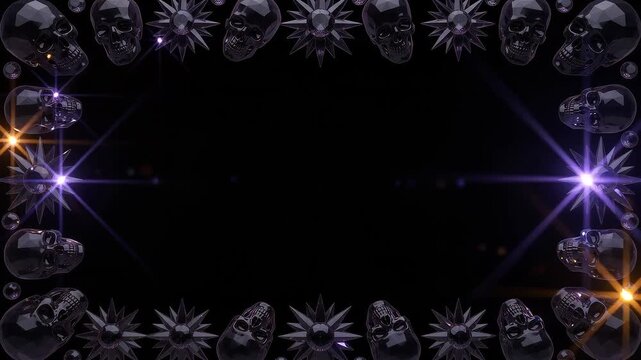 Dark gothic frame with rotating obsidian skull motifs and light flares