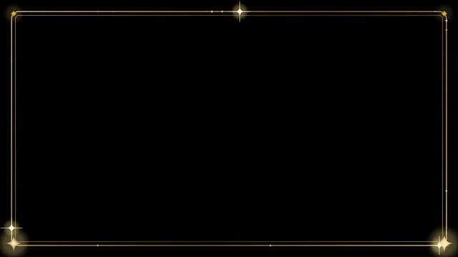 Thin gold frame overlay with clockwise traveling sparkle on transparent background alpha channel, New Year loop