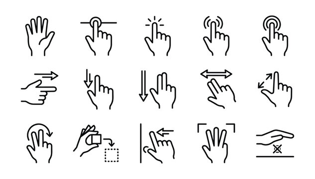 Collection of touchscreen hand gesture line icons representing swipe tap pinch zoom drag and multi finger control signals