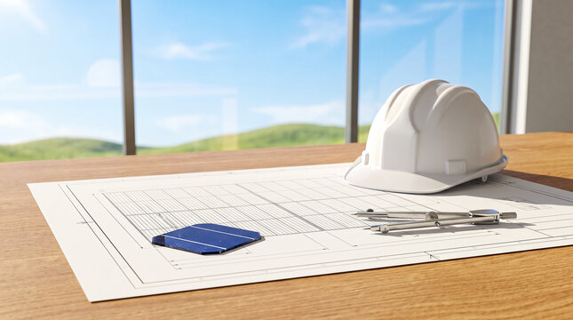 on a wooden table surface an engineering drawing with a grid is spread next are placed a white construction hard hat metal compass and a solar panel photovoltaic cell sample