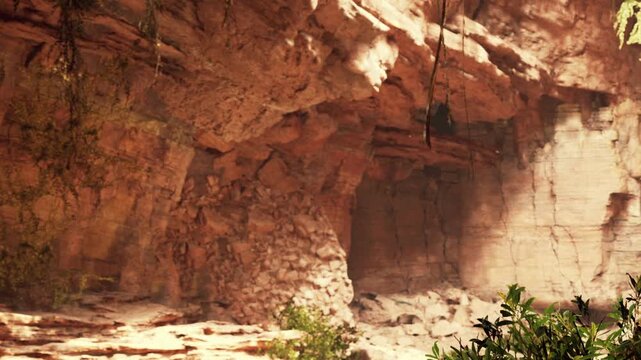 Sunlight shines on the rugged rock formation and earthy ground inside the natural geological cavern structure