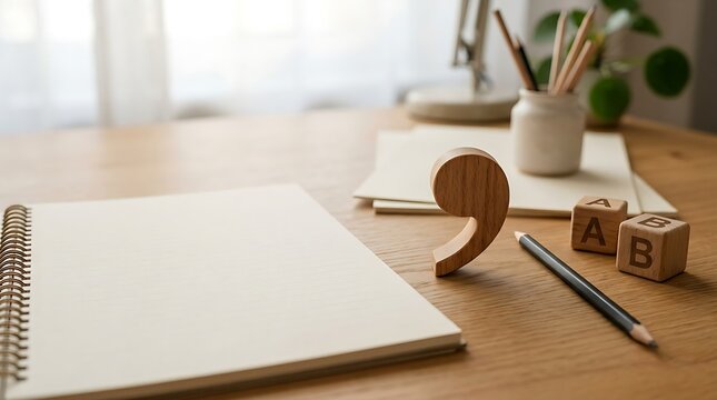 Wooden comma symbol standing upright next to blank notebook pages and alphabet blocks on office desk