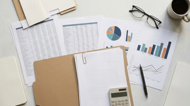 Desk with financial reports charts graphs calculator glasses and coffee cup for business analysis