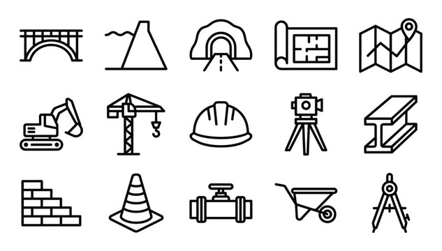 Minimalist black outline civil engineering building construction site infrastructure machinery tools blueprint vector linear icons set