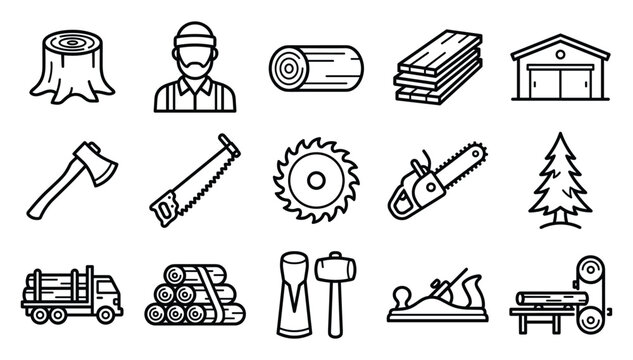 Minimalist black outline forestry lumberjack wood production sawmill timber industry equipment vector linear web icons set