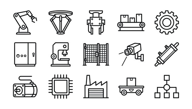 Minimalist black outline industrial automation robotics manufacturing factory engineering smart production systems vector linear icons set
