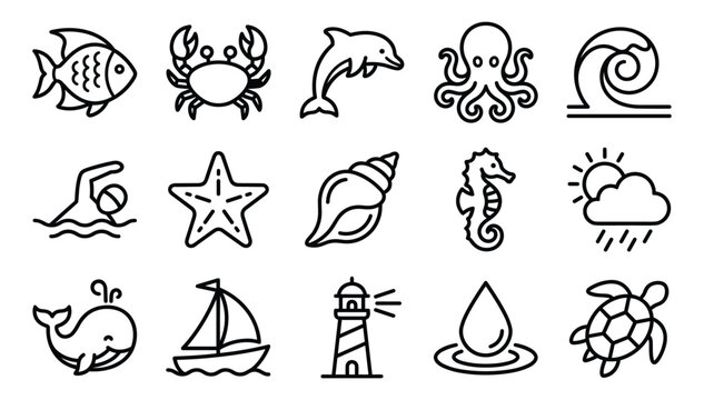 Minimalist black outline marine life ocean animals beach recreation weather elements vector linear icons collection set