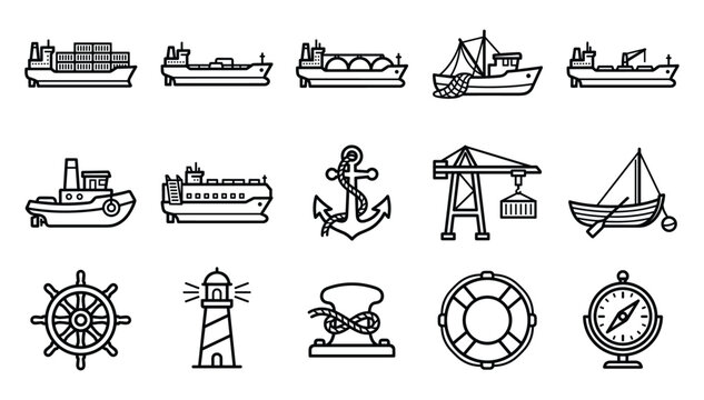 Minimalist black outline maritime transport shipping logistics marine industry harbor nautical navigation vector linear icons collection set