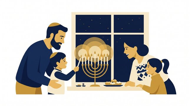 Jewish family lighting a menorah for Hanukkah celebration at home