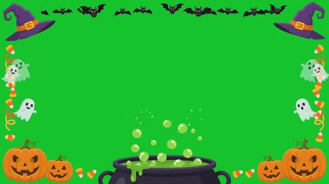 Halloween theme animation frame with cauldron bats and ghosts on green screen