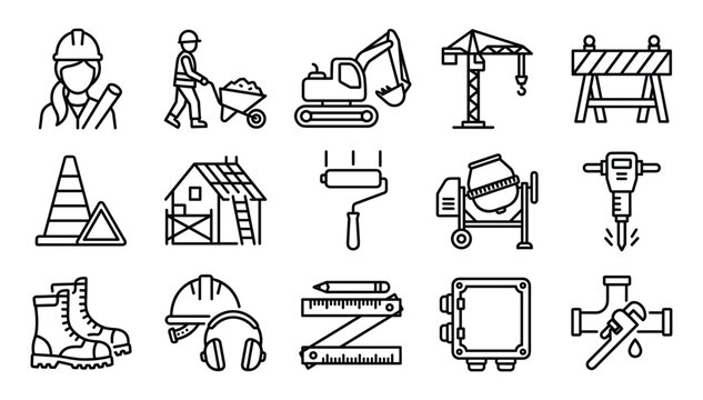 Minimalist black outline vector graphics representing heavy industrial construction machinery and engineering development tools