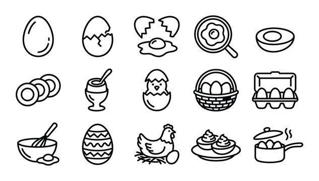 Minimalist black outline vector graphics representing organic chicken eggs breakfast cooking ingredients and healthy poultry farm elements