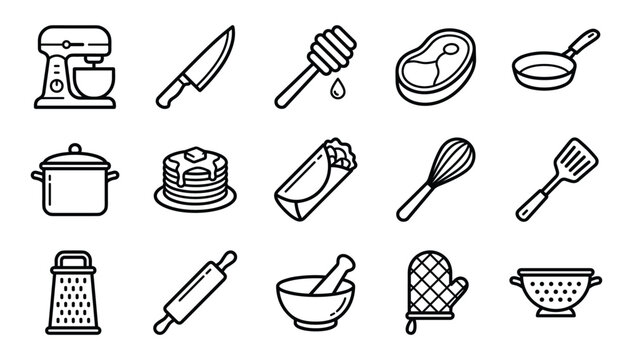 Modern line icon set of kitchen cooking utensils and delicious food ingredients isolated on white background