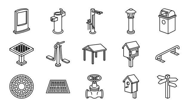 Modern public park infrastructure and urban street furniture linear vector icon set isolated on white background