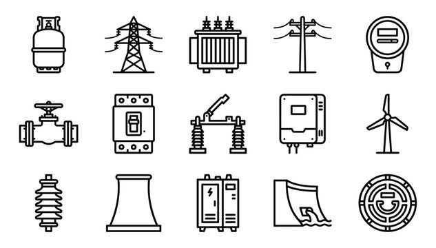 Vector linear icons set representing electrical power grid utilities energy infrastructure transmission and renewable power generation systems
