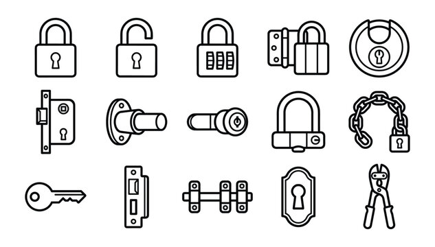 Vector outline line icons collection representing security padlocks keys door handles bolts chain locks and safety hardware
