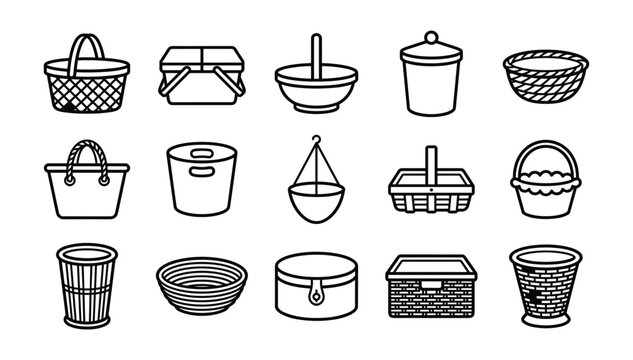 Black outline basket icon set with wicker hampers picnic containers storage bins and traditional woven vessels